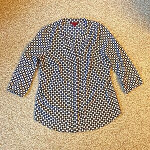 212 Collection Women's Size Medium Pleated Black Geometric Button Blouse Top 3/4